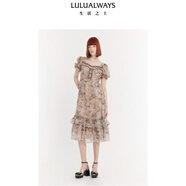 LULUALWAYS我愛露露24夏季新款復(fù)古宮廷風(fēng)印花泡泡袖中長款連衣裙 卡其色 S