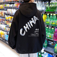 胖胖到家秋冬ins連帽衛衣男寬松潮牌字母印花休閑帽衫大碼潮流青少年外套 黑色常規 5XL