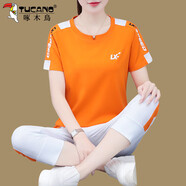 啄木鳥(niǎo)冰絲運動(dòng)服套裝女夏季2025新款時(shí)尚休閑七分褲兩件套薄  LCJ2312橘色/七分 2XL 建議125-140斤
