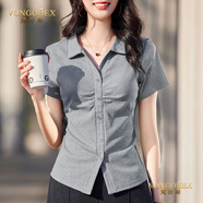 梵喬希品牌定制女裝短袖t恤女新款翻領(lǐng)polo領(lǐng)紐扣純色收腰正肩上衣t恤 灰色 2XL