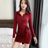 彩木夏秋冬氣質(zhì)顯瘦修身女人味打底連衣裙設(shè)計感不規(guī)則長袖性感包臀短裙 綁帶紅 M (160) 95-105斤