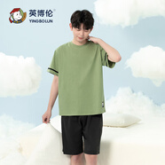 英博倫青少年短袖套裝夏季男大童純棉睡衣中學(xué)生家居服套651軍綠 165
