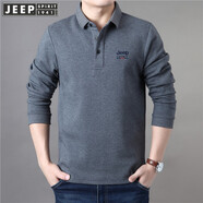 JEEP SPIRIT吉普休閑翻領(lǐng)長袖t恤寬松大碼秋季純色棉質(zhì)開衩繡標(biāo)男士體恤衫厚 灰色 厚款 3XL (190) /108A建議180-190斤