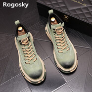 Rogosky 香港潮牌馬丁靴男英倫風(fēng)中幫休閑迷彩底工裝短靴秋冬復古系帶 綠色加絨款 39 （皮鞋碼）