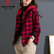 皮爾卡丹格子連帽短外套女士早春季2025新款女裝春秋休閑春裝上衣 紅色 2XL 130-145斤