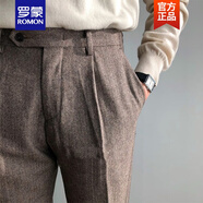 羅蒙ROMON秋冬款男士卷邊人字粗花呢復(fù)古西褲魚骨紋商務(wù)歐美休閑褲 咖啡色 M