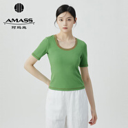 阿瑪施（AMASS）女裝新款拼色字母U領條紋修身短袖T恤上衣女5300759 青橄欖綠 S (2碼)