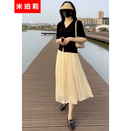 米珀莉小香風(fēng)連衣裙裙子夏天女裝2025新款氣質(zhì)女神范套裝V領(lǐng)上衣半身裙 黑衣杏裙套裝 L