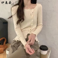 伊離姿韓式木耳邊上衣女秋季設(shè)計(jì)感小眾不規(guī)則短款針織打底衫內(nèi)搭毛衣冬 杏色【柔軟親膚】 M 建議90-105斤