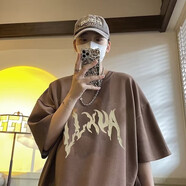 嘉曄短袖t恤男士加肥加大碼半袖?；晟理n版小衫潮男裝青少年短袖t恤 T412 火英文 咖啡色 XL