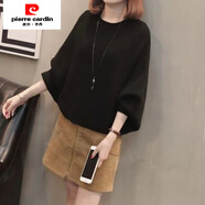 皮爾卡丹（pierre cardin）慵懶風(fēng)蝙蝠衫寬松毛衣女秋冬新款氣質(zhì)圓領(lǐng)套頭上衣打底針織衫潮 黑色 S 【88-100斤】