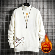 執琴之手半高領(lǐng)毛衣男秋冬季加厚韓版潮流港風(fēng)針織衫男卡通印花毛線(xiàn)衣男 M18013白色加絨 L