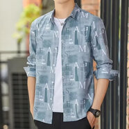 海迪洛襯衫外套男2025秋季新款薄款寬松印花有彈力襯衣港風(fēng)潮流帥氣外套 綠色 856 XL (建議125-140斤）