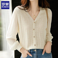 羅蒙（ROMON）2025年秋季新款長(cháng)袖鏤空拼接V領(lǐng)套頭洋氣百搭針織薄款寬松上衣女 米白色 M 建議95-110斤