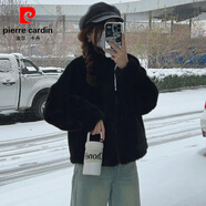 皮爾卡丹皮毛一體秋冬季新款水貂絨外套女短款保暖立領(lǐng)環(huán)保獺兔毛時尚外套 黑色 S 85-107斤