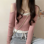 KAHTOP2025春秋新款上衣女設計感小眾T恤露肩假兩件短款針織衫顯瘦MQQ 粉色 均碼 彈力均碼(建議75-120斤)