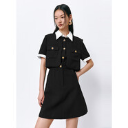 太平鳥(niǎo)女裝假兩件小香風(fēng)連衣裙夏撞色高級感時(shí)尚女千金風(fēng) 黑色 L