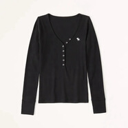 BM CEC2023秋冬新款af亨利長(cháng)袖t恤女修身顯瘦紐扣螺紋V領(lǐng)打底衫 黑色 S