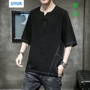 UYUK短袖男冰絲T恤男夏季中國風(fēng)亞麻短袖寬松棉麻半袖V領(lǐng)五分袖上衣潮牌男裝 黑色 XL