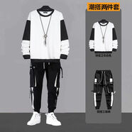 摘星少年衣服牛仔外套男春秋潮流寬松運動一套衣服2024假兩件套裝休閑夾克 兩件套/拼接衛(wèi)衣白+工裝褲黑） L