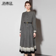海青藍(lán)（CYANINE SEA）千鳥格印花連衣裙秋季2024新款圓領(lǐng)撞色拼接修身長袖A字裙小香風(fēng) 黑色 2XL