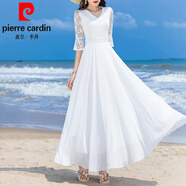 皮爾卡丹（pierre cardin）夏季超仙時(shí)尚蕾絲連衣裙修身顯瘦沙灘度假仿真絲大擺長(zhǎng)裙針 白色 XL