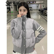 頌簡(jiǎn)依白色短款針織拼接羽絨棉服女2025冬季新款韓系學(xué)院風(fēng)百搭棉衣外套 灰色 M