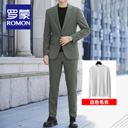 羅蒙（ROMON）高檔痞帥小西裝男士春秋季輕商務(wù)休閑潮流帥氣修身單西服外套男裝 綠色套裝+98002白毛衣 XL 碼【推薦125-135斤】