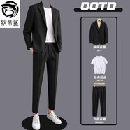 狄帝鯊（DIDISHA）高級感墜感休閑西服套裝男寬松韓版秋季帥氣痞帥潮輕熟小西裝外套 黑色【西服+短袖白+西褲】 L 【建議120-140斤】