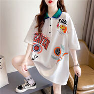 格邏依 短袖t恤女2022年夏季新款韓版寬松中長(cháng)款卡通印花polo衫潮小眾設計感學(xué)生百搭上衣 白色 XL【建議145-170斤】