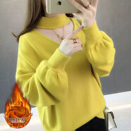 全穎蕾加絨毛衣女士秋冬套頭打底厚款慵懶風(fēng)韓版純色寬松燈籠袖針織衫 黃色-加絨 S