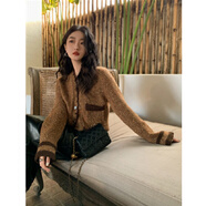 尚簡紛ins女裝超火任小藝復(fù)古雜色領(lǐng)短款毛衣開衫女設(shè)計感小眾春秋新款 深棕色 均碼