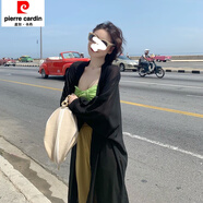 皮爾卡丹品牌女裝冰絲長(zhǎng)款防曬衣開衫外搭女夏季襯衫薄款紗衣罩衫披肩休閑 黑色【甜酷外套/復(fù)古浪漫/bf慵懶 XL