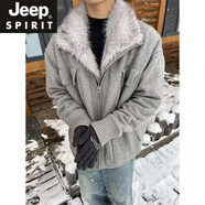 JEEP SPIRIT座山雕毛領毛衣外套男款冬季加絨加厚cleanfit針織衫夾克保暖棉服 灰色 M 100-115斤