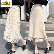 初徑蕾絲中長(cháng)款半身裙2025秋冬新款兩面可穿針織半身裙女網(wǎng)紗A字裙子 杏色 均碼