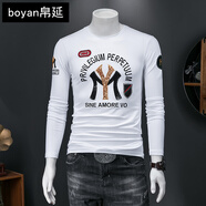 帛延（boyan）高品質(zhì)絲光棉刺繡T恤男長(cháng)袖新款高端輕奢潮流男士修身休閑體恤衫 白色 2XL