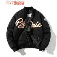 OYZ香港潮牌春秋冬季刺繡加厚棒球服男女情侶寬松飛行員夾克棉服外套 黑色【冬季夾棉】無(wú)帽 S