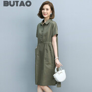 BUTAO棉麻連衣裙女春秋新款長(zhǎng)袖寬松亞麻中長(zhǎng)顯瘦減齡小個(gè)子裙 6669軍綠色 M 約適合體重111-120斤內(nèi)