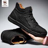 西域駱駝（VANCAMEL）牛皮48大碼男鞋手工縫線(xiàn)高幫鞋馬丁靴男真皮加絨戶(hù)外登山鞋 黑色不加絨款 38