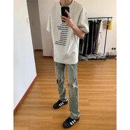 衣然呈品美式潮牌牛仔褲男純色系帶直筒寬松休閑百搭春秋款高街百搭褲子男 黃泥色破洞 XL【建議125-145斤】