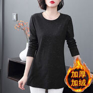 尹振天打底衫女中長(zhǎng)款長(zhǎng)袖T恤秋冬季新款洋氣春裝大媽百搭上衣 黑色薄絨 5XL 建議180斤以上