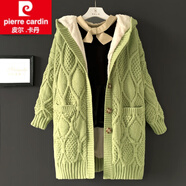 皮爾卡丹（pierre cardin）2025新減齡粗棒針麻花毛衣外套加絨加厚女秋冬寬松休閑中長(zhǎng)款連帽 淺綠 全身加絨 M (100-120斤)