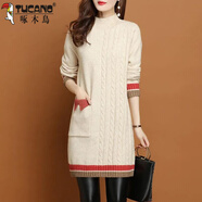 啄木鳥(niǎo)（TUCANO）毛衣女內搭寬松外穿中長(cháng)款打底衫女2024秋冬新款加絨加厚毛衣裙女 米+紅 3XL【建議135-150斤】