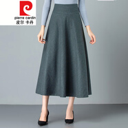 皮爾卡丹垂感毛呢半身裙女秋冬高腰中長款羊毛a字傘裙加厚長款冬裙子針織 Q004-淺灰色毛呢高腰A字裙 26/S