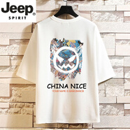 JEEP SPIRIT吉普男士七分袖T恤夏季潮流百搭休閑7分袖體恤簡約胖子大碼寬松 DQ21124白色 3XL 160至180斤可穿