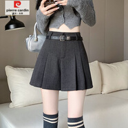 皮爾卡丹（pierre cardin）灰色毛呢短褲女秋冬外穿呢子褲裙短款百褶裙褲高腰闊腿褲馬丁靴褲 灰色 L