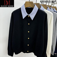 DAVEY MODE條紋翻領(lǐng)針織開衫女歐洲站春裝2025新款歐貨女裝毛衣短外套潮 黑色 XL