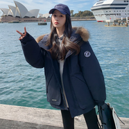 貴蘭姿羽絨服女2024冬季新款韓版寬松連帽大毛領(lǐng)工裝外套短款派克服女裝 藏青色 M 110-135斤