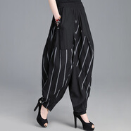 布琳達2025新款燈籠褲女夏薄款條紋闊腿褲個(gè)性印花拼接顯瘦垮褲加長(cháng)褲 黑底灰條【長(cháng)褲】 L
