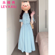 樂雅秀日系文藝慵懶風(fēng)系帶收腰短袖連衣裙女夏季款法式溫柔小個子中長裙 藍色系帶連衣裙 M